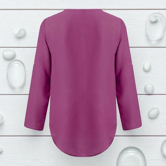 🆕️Ultra-Chic Purple V-Neck Blouse with Zip Detail & Roll-Up Sleeves Trendy 💜✨ - Picture 7 of 14